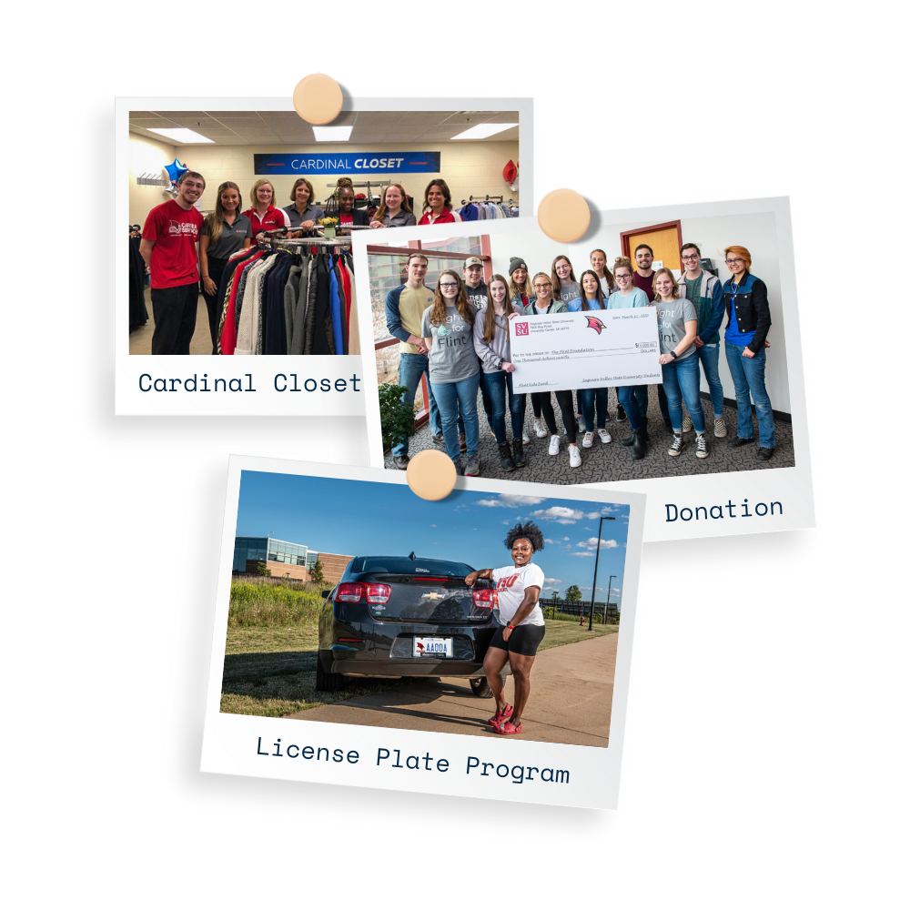 3 photos showing the cardinal closet, a donation made to SVSU, and the SVSU License Plate Program